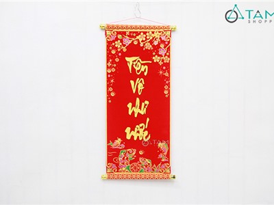 Liễn thư pháp nhung đỏ Tiền vô như nước D70cm T-LTP-02